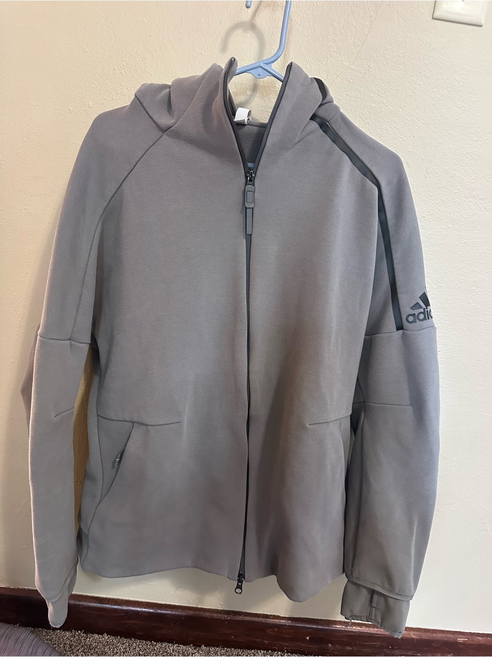 adidas Gray Hooded Zip Jacket with Black Logo Accents